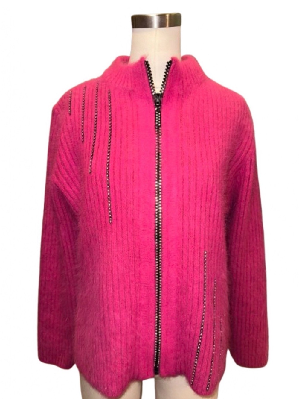 Venesha Womens M 80% Angora Pink Rhinestone Zip Cardigan Sweater Y2K Fuzzy